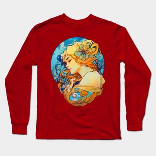 Alphonse Mucha Inspired Art Nouveau Girl With Flower In Her Hair Long Sleeve T-Shirt